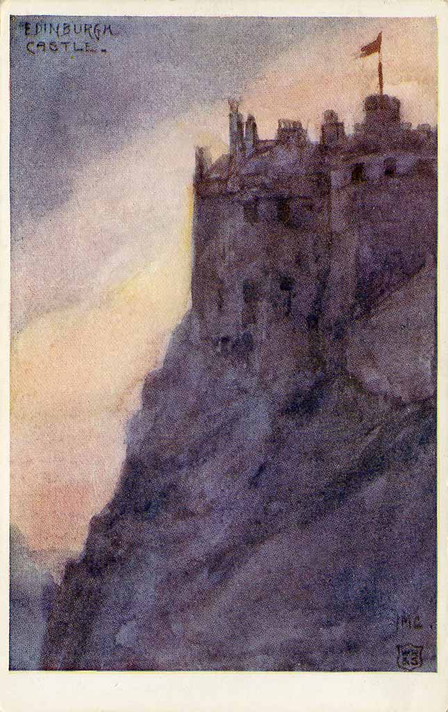 Postcard by W R & S  - Edinburgh Castle from near the top of Johnston Terrace, based on a painting by IMC (whoever that is)