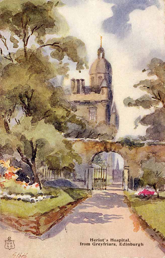 Postcard by W R & S  - View of Heriot's Hospital from Greyfriar's Graveyard, based on a watercolour by GBH (whoever that was)