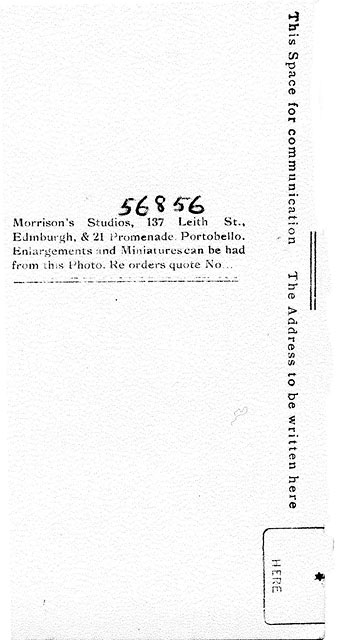 The back of a Postcard Portrait from Morrison's Studio  -  Two soldiers (from which Regiment) - one possibly being a relative of David Abrahams