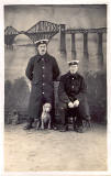 Postcard from McGill's studio, South Queensferry  -  Two sailors and a dog with a backdrop of the Forth Bridge