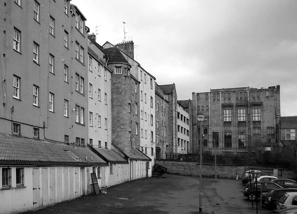 Loking to the west across the back yards on the northern side of the Canongate towards the buildings in New Street