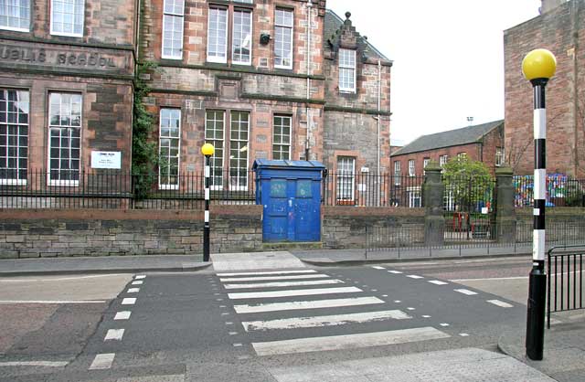 Police Box and Zebra Crossing outside Royal Mile Primary School, Canongate