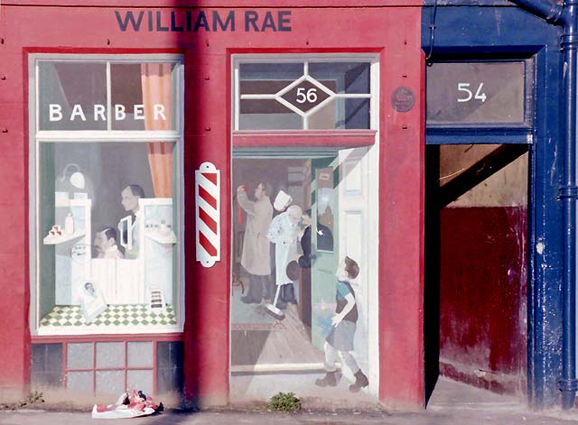 Mural on the wall of a barber's shop at 56 Cuburg Street, Leith
