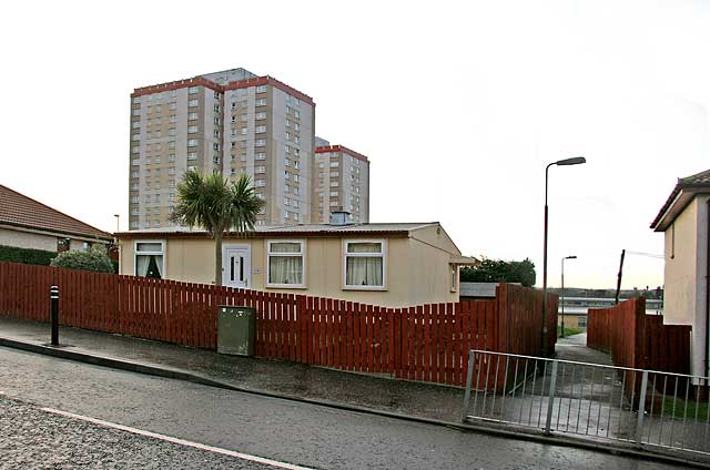 Looking north down Craigour Avenue, including some prefab housing