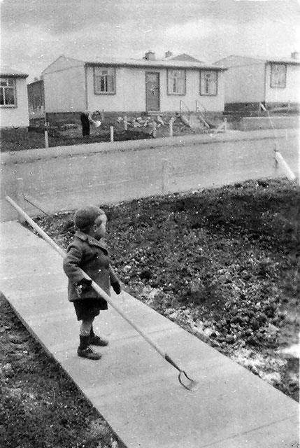 John Martin in the garden of his prefab at 5 Craigour Avenue  -  Photo taken 1950