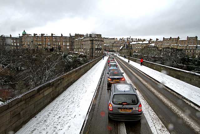 View from the upper deck of a No 19 bus, following a snow storm  -  Looking to the south along Dean Bridge towards the centre of Edinburgh