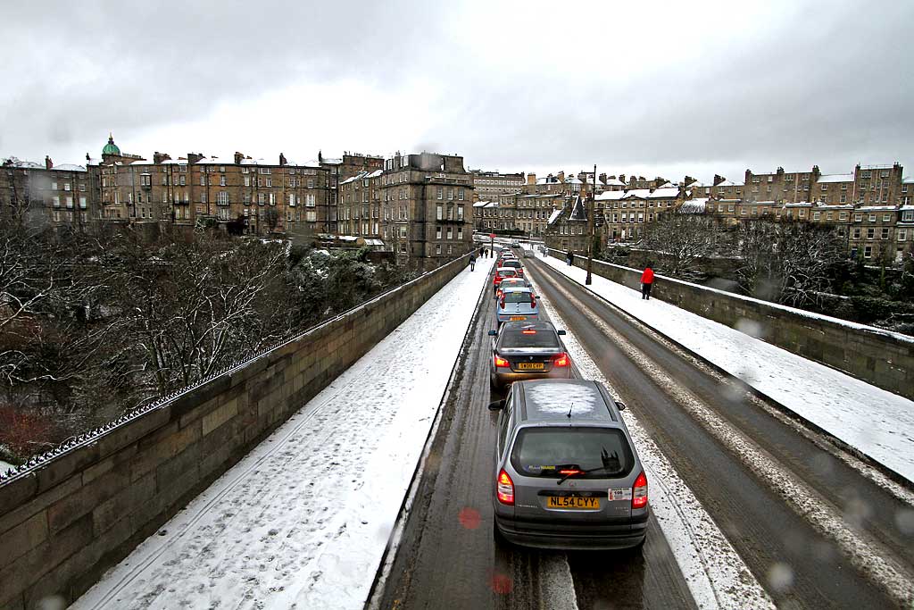 View from the upper deck of a No 19 bus, following a snow storm  -  Looking to the south along Dean Bridge towards the centre of Edinburgh