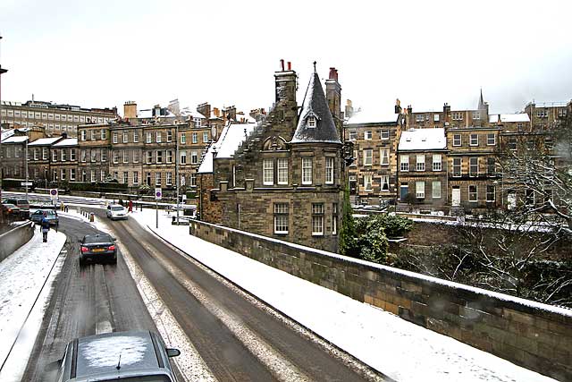 View from the upper deck of a No 19 bus, following a snow storm  -  Looking to the south along Dean Bridge towards the centre of Edinburgh