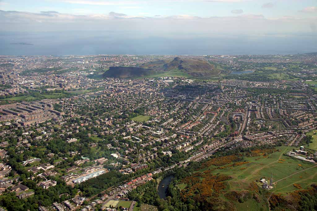 View to the NE from a helicopter  -  Blackford and Arthur's Seat, Edinurgh