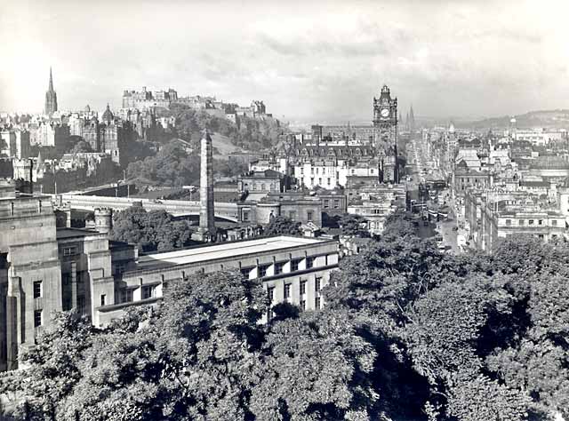 Photograph by Norward Inglis  -  View towards Edinburgh Castle and along Princes Street from Calton Hill  -  early 1950s