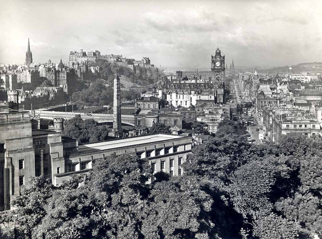 Photograph by Norward Inglis  -  View towards Edinburgh Castle and along Princes Street from Calton Hill  -  early 1950s