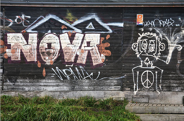 Graffiti on a shed beside the Union Canal near Slateford, Edinburgh  -  October 2014