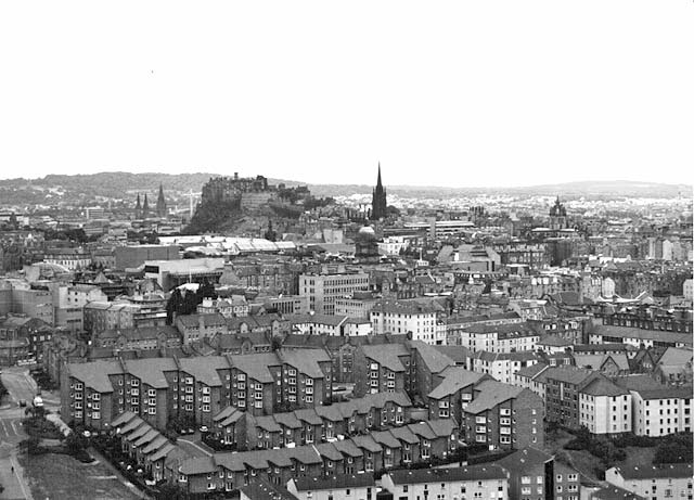 Looking down on Dumbiedykes and out towards Edinburgh Castle from Salisbury Crags - 1995