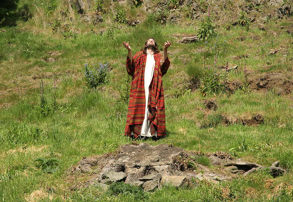 A scene from 'The Life of Jesus Christ' - a play presented at Dundas Castle  -  Jesus leaves His Disciples, and prays alone outside the Garden of Gethsemane