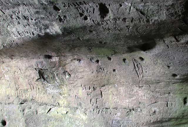 Rock art carvings at Jonathan's Cave, East Wemyss, Fife  -  recent carvings and  a fish