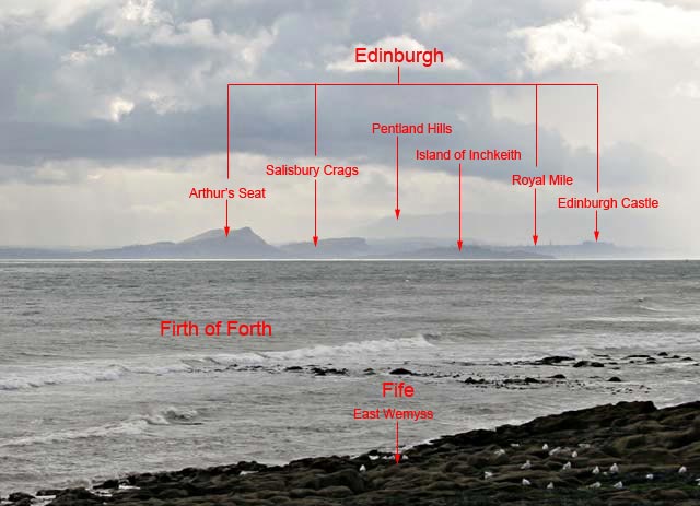 Looking towards Edinburgh from East Wemyss as a storm passes over the Forth  -  zoom-in