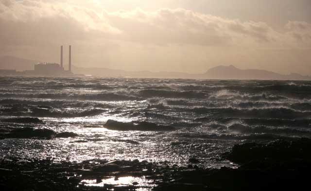 View from Longniddry, looking towards Cockenzie Power Station and Arthur's Seat in Holyrood Park, Edinburgh