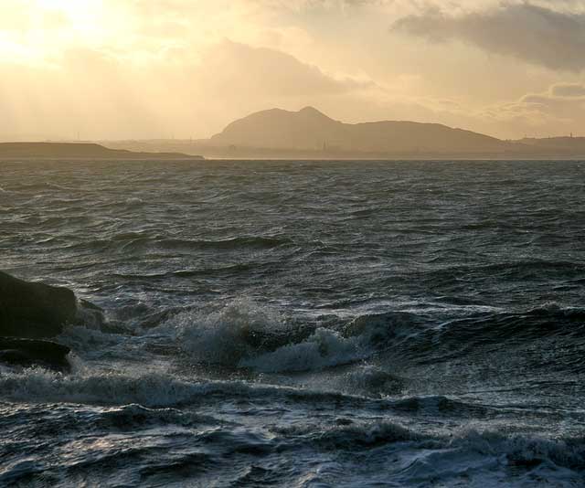 View from Port Seton, looking towards Arthur's Seat in Holyrood Park, Edinburgh