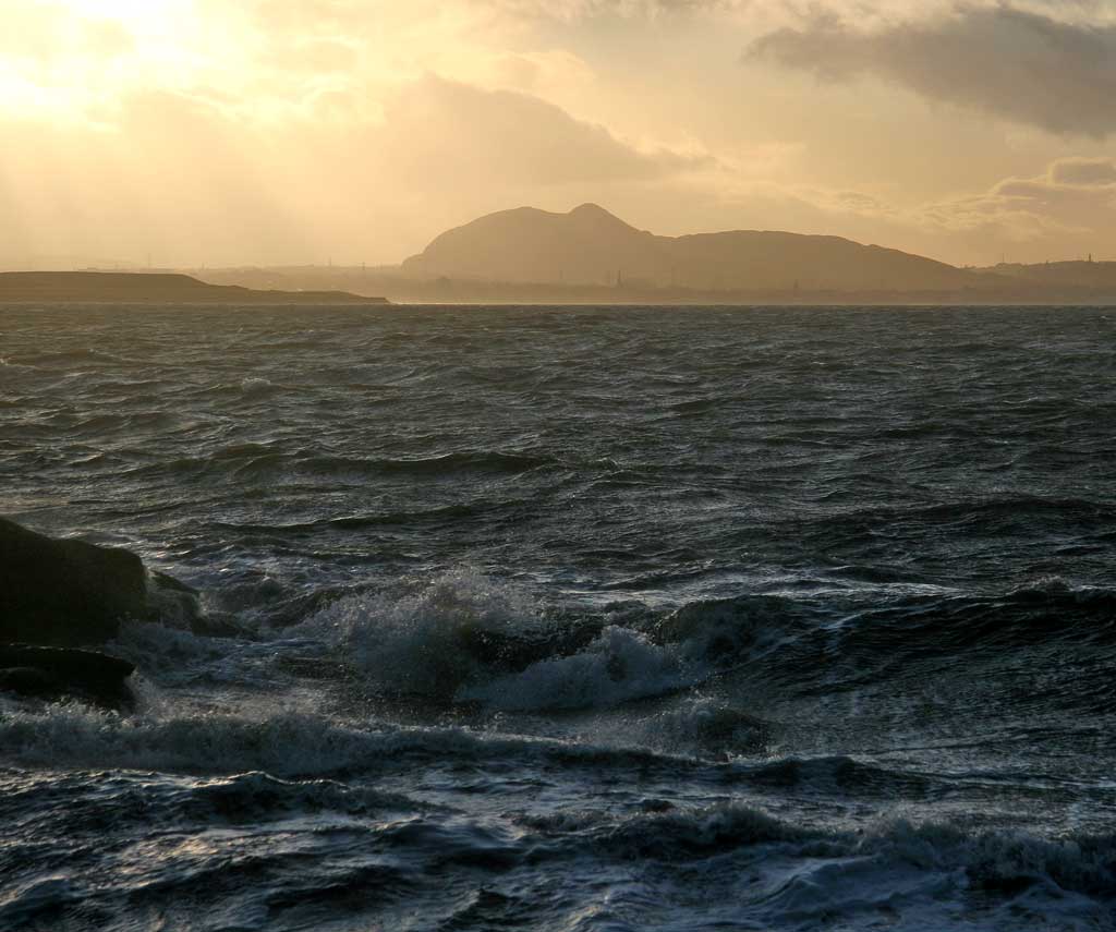 View from Port Seton, looking towards Arthur's Seat in Holyrood Park, Edinburgh