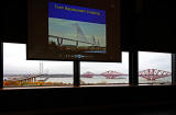 The two existing bridges across the Firth of Forth at Queensferry and (on the screen) an artist's impression of the third bridge there, 'The Queensferry Crossing', due to open in 2016.