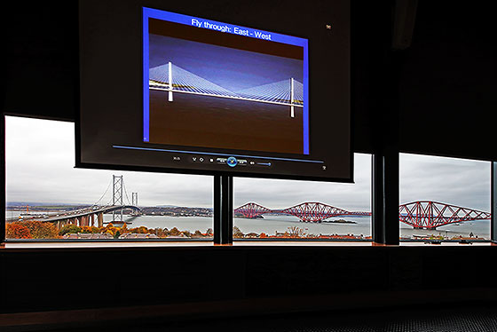 The two existing bridges across the Firth of Forth at Queensferry and (on the screen) an artist's impression of the third bridge there, 'The Queensferry Crossing', due to open in 2016.