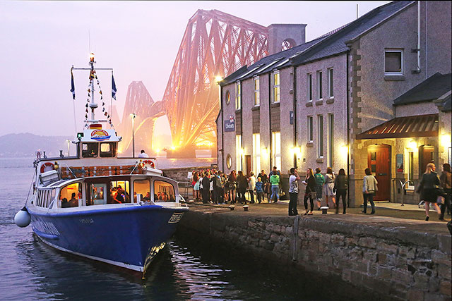 Forth Road Bridge 50th Anniversary Celebrations, September 2014  -  The cruise boat, 'Forth Belle' and its passengers at Hawes Pier, South Queensferry, about to depart on a cruise to view the Forth Road Bridge Firework Display