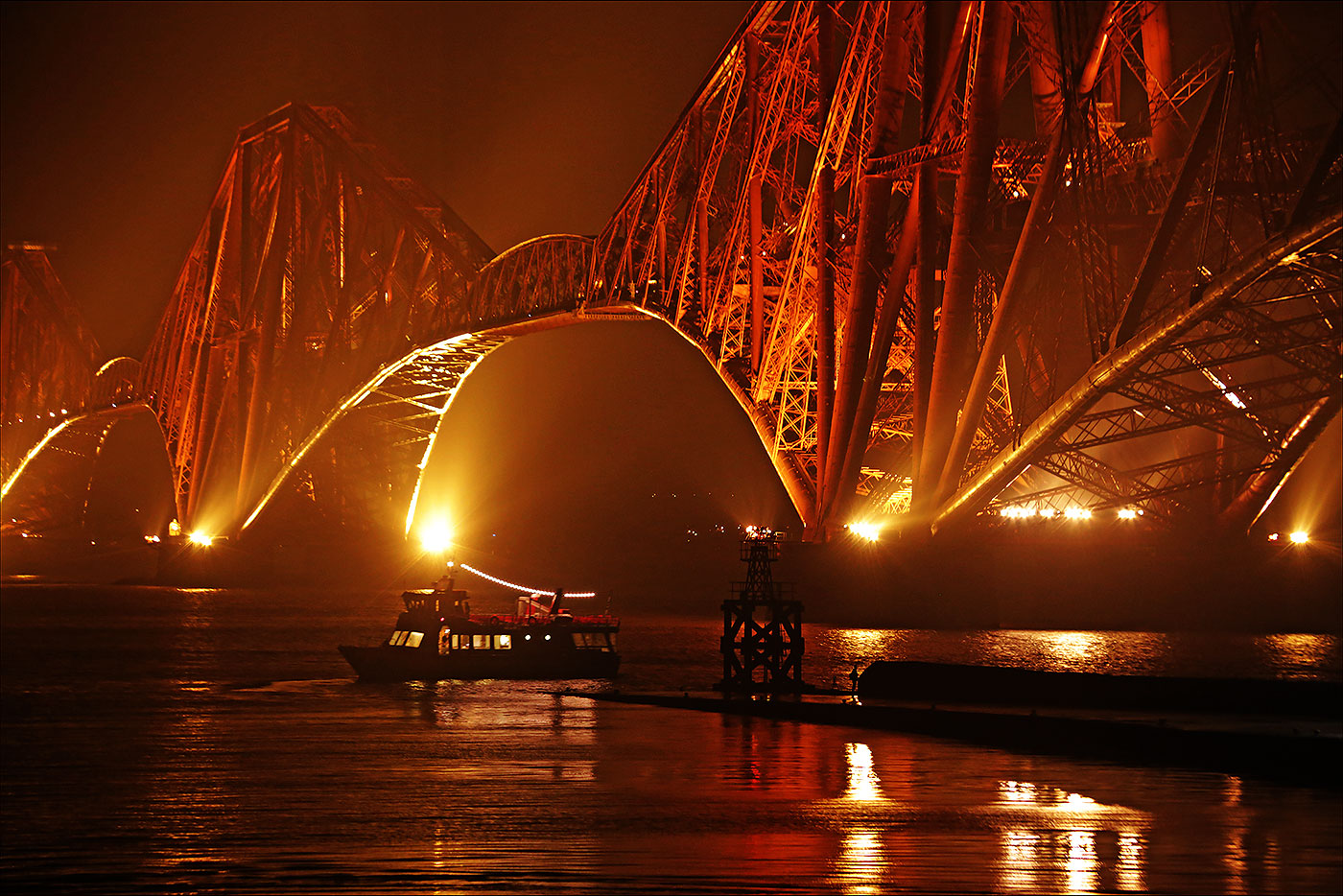 Forth Road Bridge 50th Anniversary Celebrations, September 2014  -  The cruise boat, 'Maid of the Forth', departs from Hawes Pier, South Queensferry, after dropping off its passengers there folowing a cruise on the Forth to view the firework display at the Forth Road Bridge