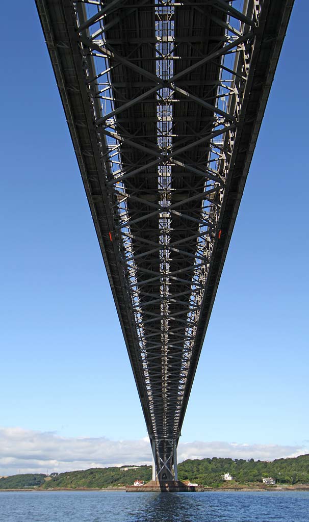 Looking up at the Forth Road Bridge from the Firth of Forth