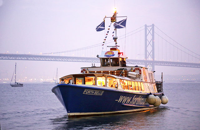 Forth Road Bridge 50th Anniversary Celebrations, September 2014  -  The cruise boat, 'Forth Belle' and its passengers departs from Hawes Pier, South Queensferry on a cruise to view the Forth Road Bridge Firework Display