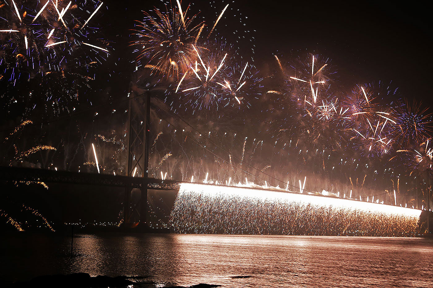 Forth Road Bridge 50th Anniversary Celebrations, September 2014  -  Firework Display from the Forth Bridge, seen from Queensferry Harbour