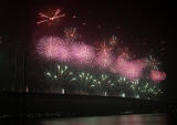 Forth Road Bridge 50th Anniversary Celebrations, September 2014  -  Firework Display from the Forth Bridge, seen from Queensferry Harbour