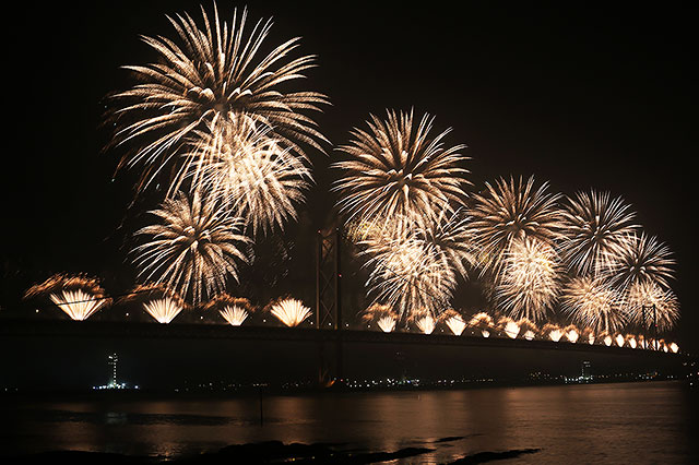 Forth Road Bridge 50th Anniversary Celebrations, September 2014  -  Firework Display from the Forth Bridge, seen from Queensferry Harbour