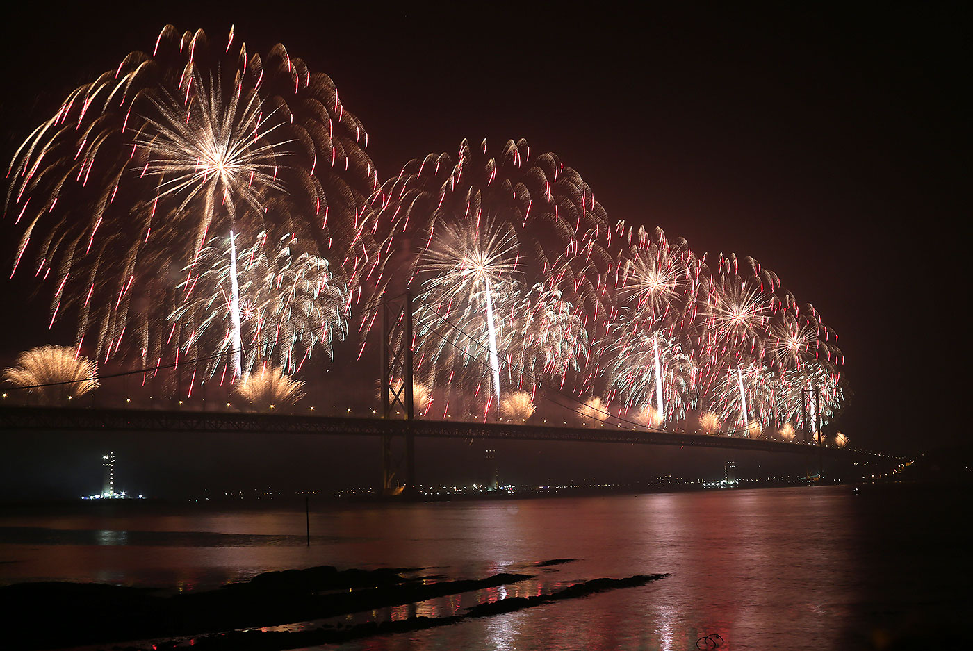 Forth Road Bridge 50th Anniversary Celebrations, September 2014  -  Firework Display from the Forth Bridge, seen from Queensferry Harbour