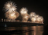 Forth Road Bridge 50th Anniversary Celebrations, September 2014  -  Firework Display from the Forth Bridge, seen from Queensferry Harbour