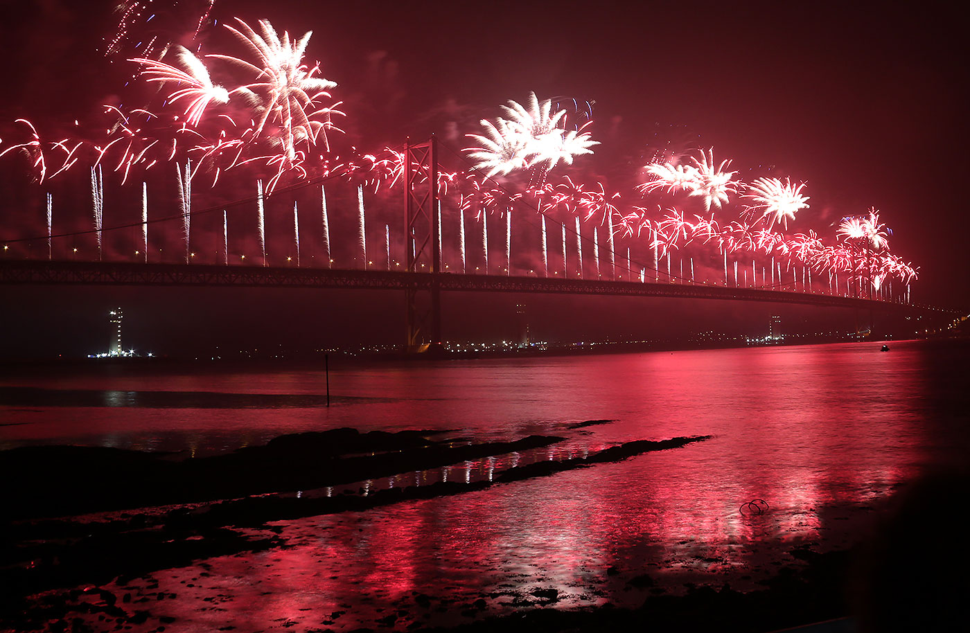 Forth Road Bridge 50th Anniversary Celebrations, September 2014  -  Firework Display from the Forth Bridge, seen from Queensferry Harbour