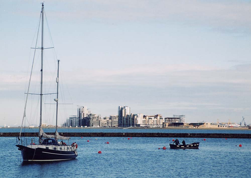 View across Granton Eastern Harbour and Wardie Bay, looking towards the new developments in Leith Western Harbour