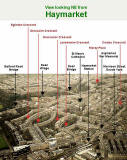 Looking down on Haymarket  -  View to the north-east towards Dean  -  Aerial view with a key   -  December 2003