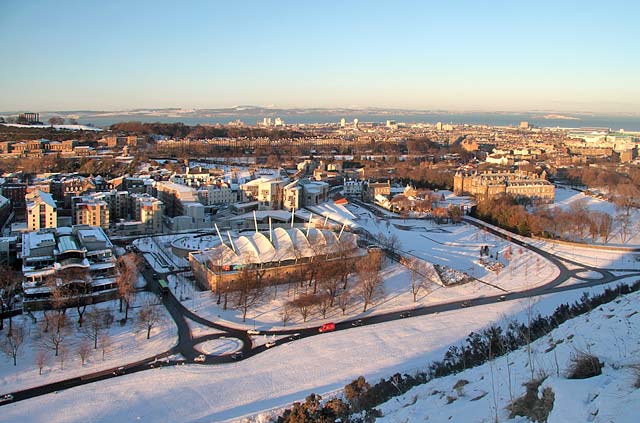 Looking North from The Radical Road in Holyrood Park to Our Dynamic Earth, The Scottish Parliament and The Palace of Holyrood