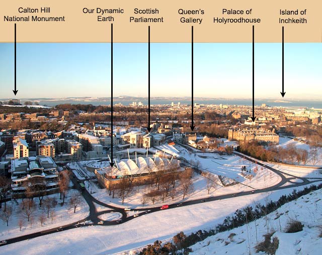 Looking North from The Radical Road in Holyrood Park to Our Dynamic Earth, The Scottish Parliament and The Palace of Holyrood