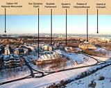 Looking North from The Radical Road in Holyrood Park to Dynamic Earth, The Scottish Parliament and The Palace of Holyrood