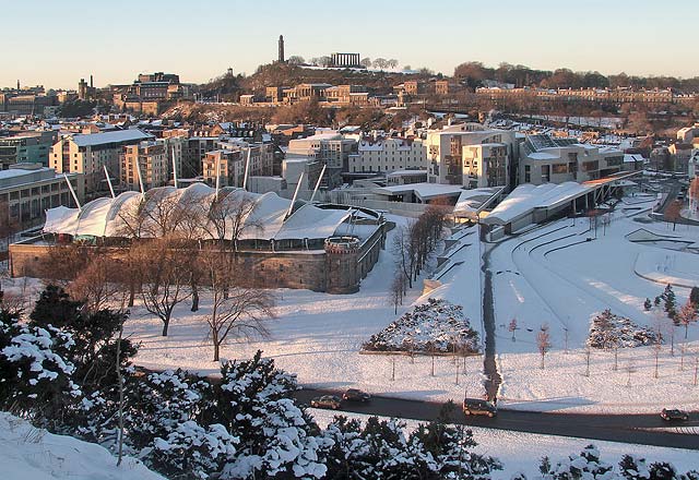 Looking north from the Radical Road in Holyrood Park towards Our Dynamic Earth and The Scottish Parliament