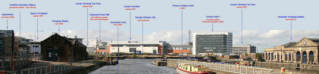 View, looking along Alexandra Dock beside the old swing bridge in Leith Harbour, towards Ocean Terminal shopping centre and cinema complex - with key