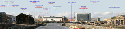 View, looking along Alexandra Dock beside the old swing bridge in Leith Harbour, towards Ocean Terminal shopping centre and cinema complex  -  with key