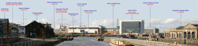 View, looking along Alexandra Dock beside the old swing bridge in Leith Harbour, towards Ocean Terminal shopping centre and cinema complex  -  with key