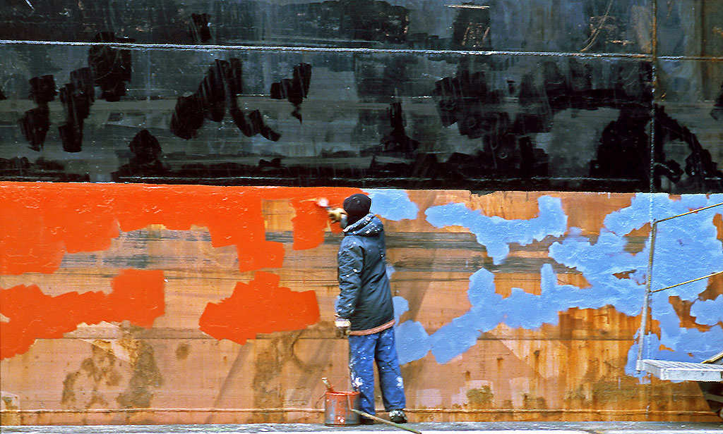 Bulk carrier, 'Ascanius' being painted at Leith Docks, 1989