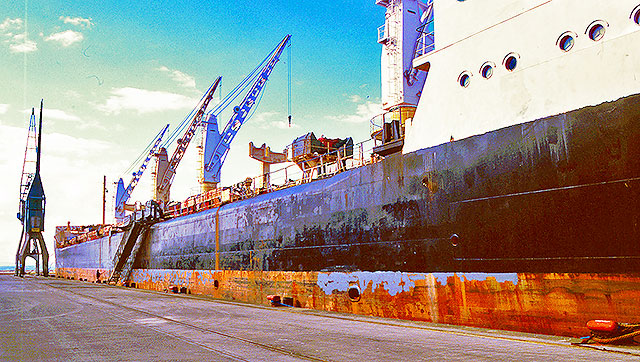 Bulk carrier, 'Ascanius' being painted at Leith Docks, 1989