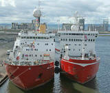 Zoom-in on British Antarctic Survey Vessels  -  RMS James Clark Ross and HMS Endurance at Leith Western Harbour  -  June 2006