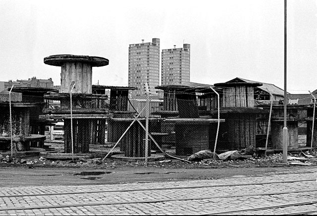 Leith Docks  - Yard of Cable Reels  -  Grampian House and Cairngorm House, Lindsay Rod, are in the background  -  mid-1970s