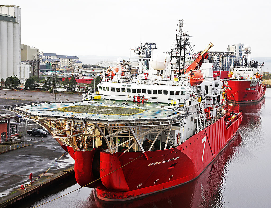 Two ships from the Subsea Seven fleet moored at Leith Docks, November 2014