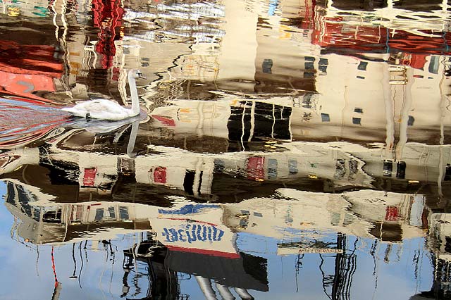 Reflections of the ship 'Wellservicer', and a swan, at Prince of Wales Dock, Leith, 2011